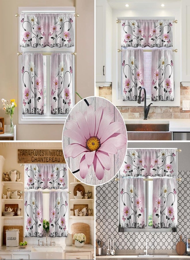 AAtter Pink Floral Kitchen Curtains Valance and Tiers Set 3 Piece Rustic Flower White Daisy Butterfly Rod Pocket Small Short Living Room Bedroom Bathroom Window Drapes 52x18 inch + 26x36 inch*2 - Image 5